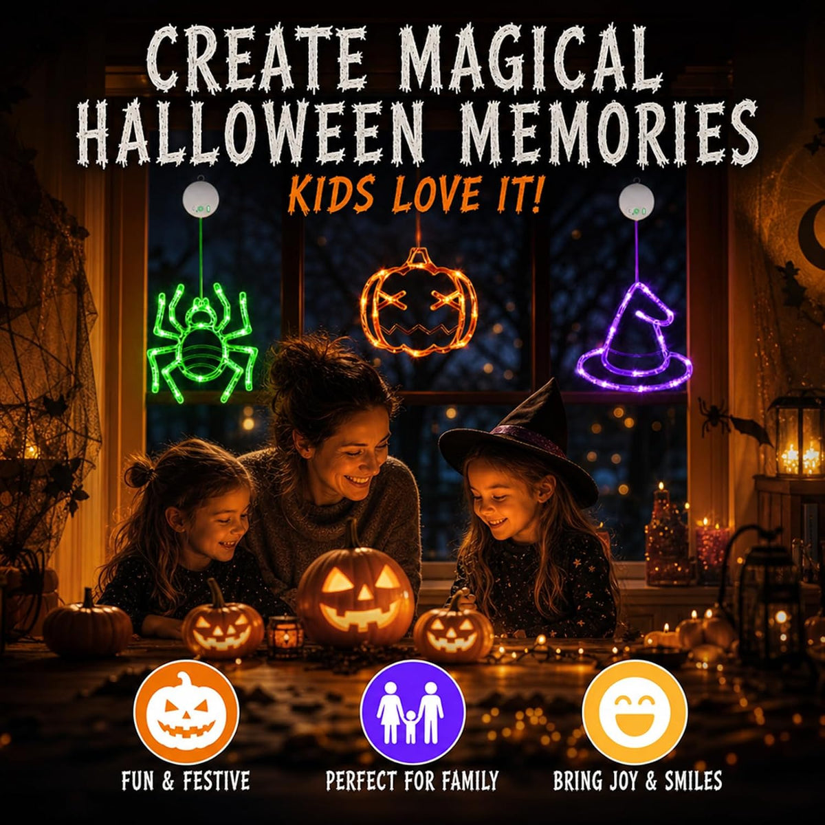 LOLStar Halloween Window Lights, 3 Pack Pumpkin, Spider, Witch Hat Lights