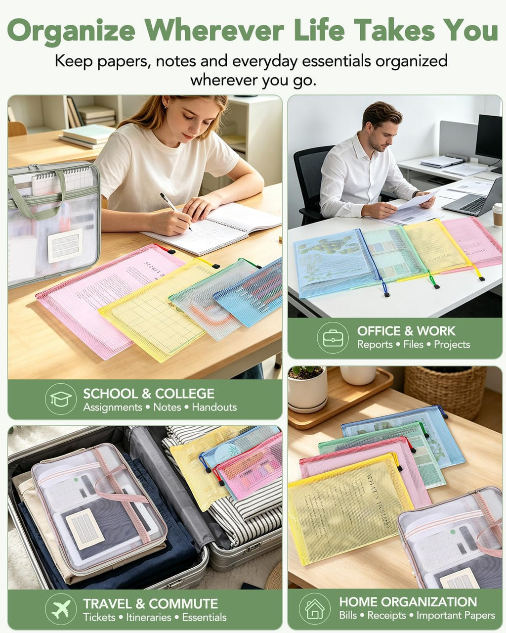 8 Mesh Zipper Pouches + 1 File Organizer Bag,9‑Pc Document Organizer Set