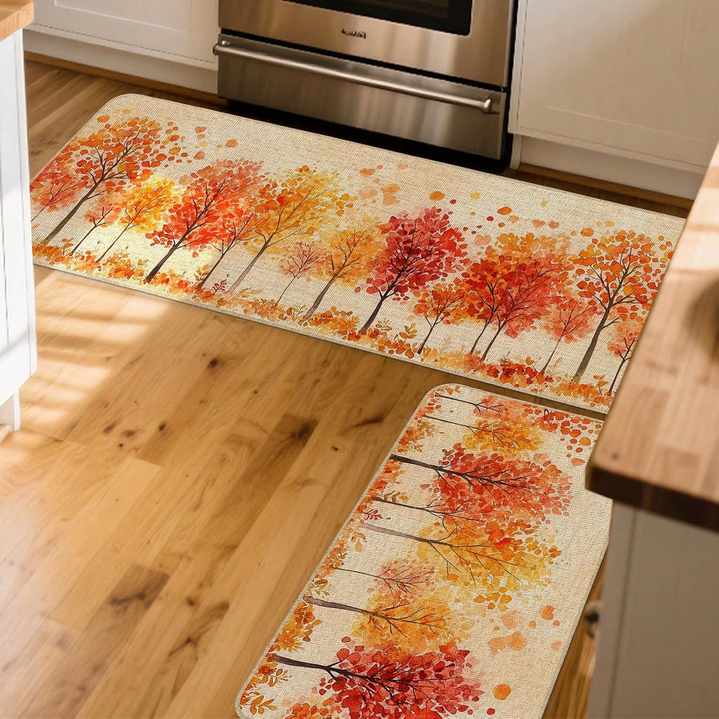 Watercolor Fall Maple Trees Kitchen Rugs Set of 2, 17x29 and 17x47 Inch