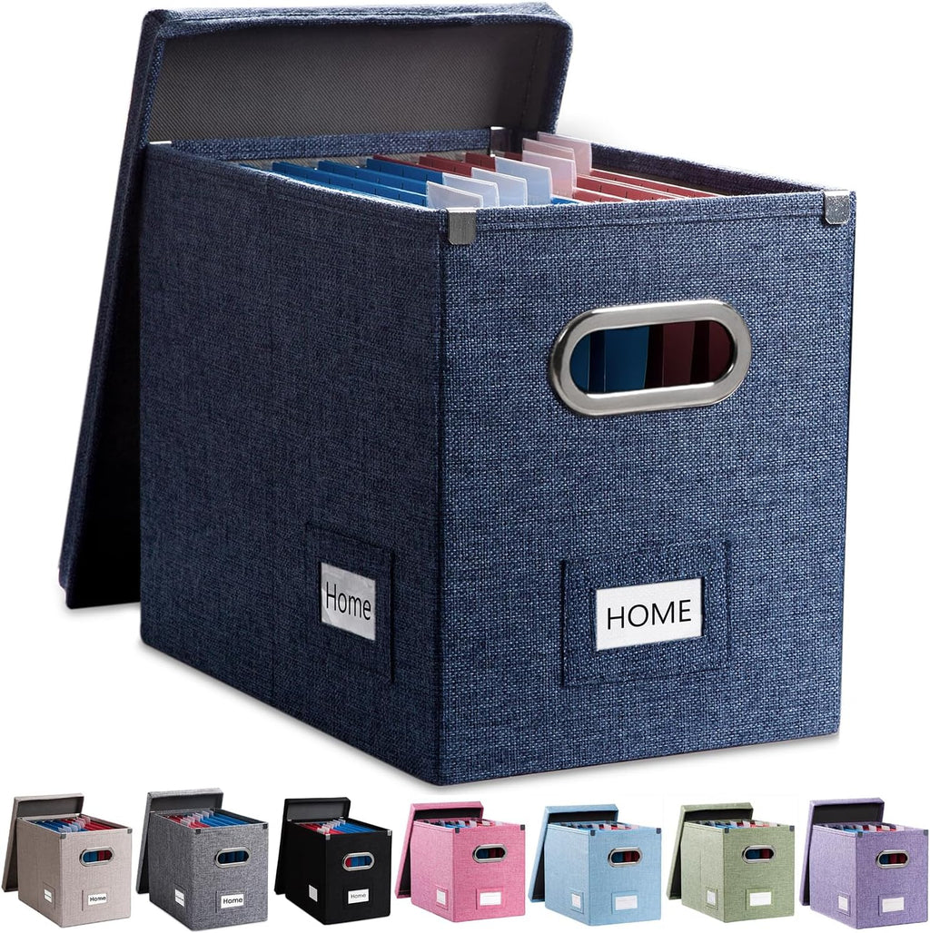 File Organizer Box - Set of 1 Collapsible Decorative Linen Filing Storage Hanging File Folders with Lids Office Cabinet Letter Size Navy Blue (14x9.3x10.8 inch)