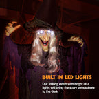 JOYIN 72” Halloween Hanging Witch Decorations Outdoor, Flying Talking Ghost Decor Light Up Eyes Sound Activated, Outside Indoor Haunted House Prop for Lawn Yard Garden, Purple