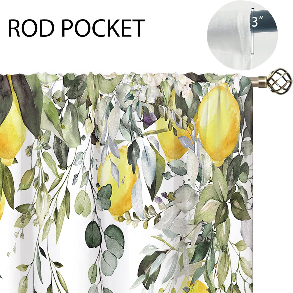 Eucalyptus Botanical Leaves Yellow Lemon Kitchen Window Curtains Herb Plant Floral Fruit Small Window Treatment Sage Green Cafe Short Curtains for Bathroom Treatment Tier Drapes 27.9x39 inch