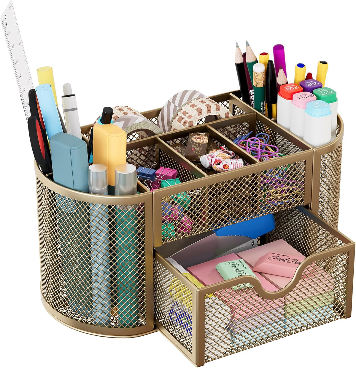 EasyPAG Mesh Pen Holder Desk Organizer with Drawer Stationery Supplies Organizer for Dorm School 9 Compartments Workspace Desk Accessories Organization for Office, Gold