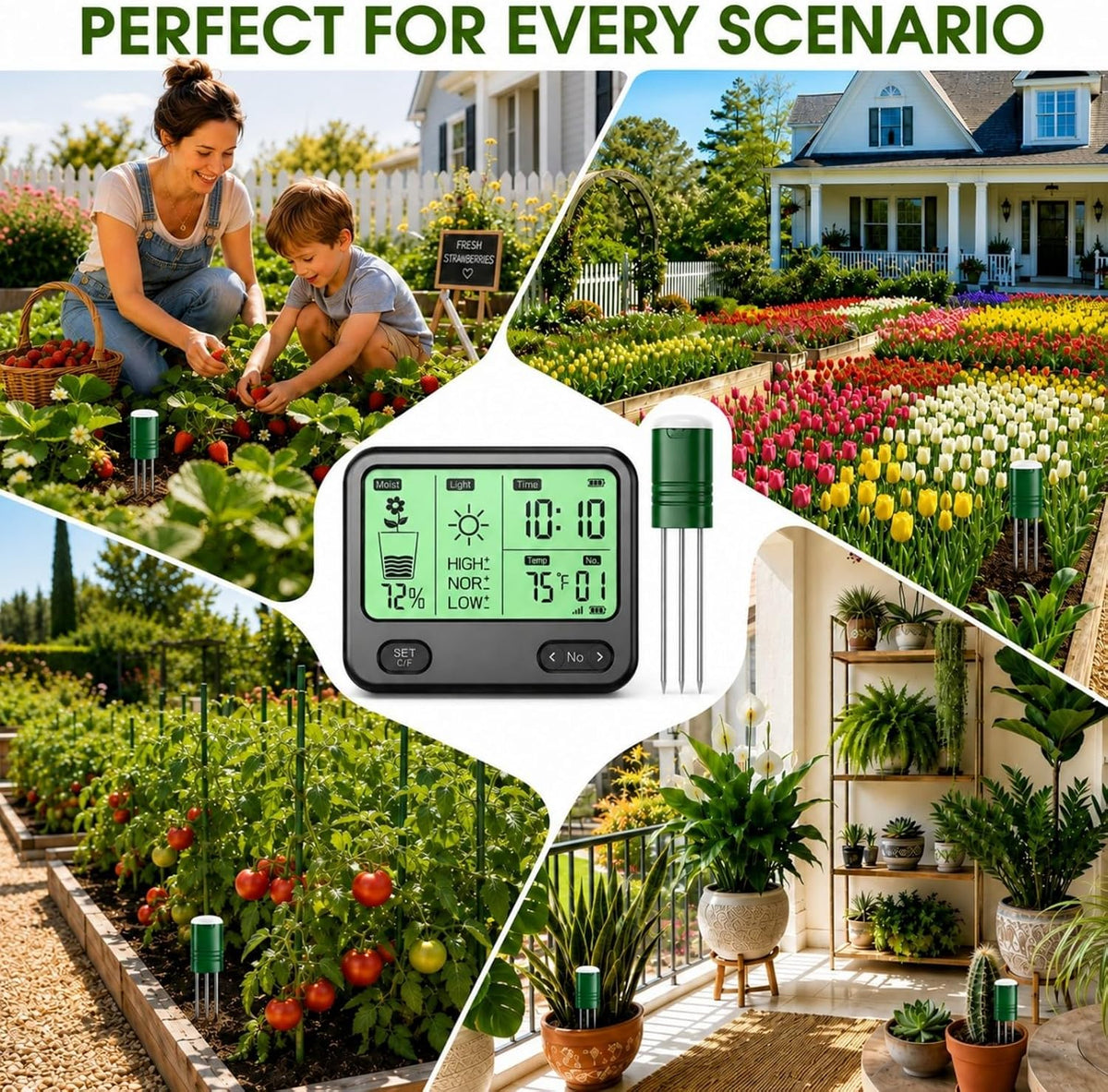 4-in-1 Soil Moisture Meter for Plants ,Soil Temperature /Moisture /Sunlight Time, Large Screen, Garden Soil Tester for Lawn, Farm, Houseplants，Wireless Indoor/Outdoor Plant Water Meter (Dark Black)