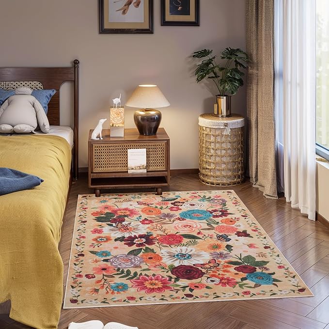 Area Rug 4x6 Rug Washable Boho Rugs Non Slip Low Pile Floral Small Carpet - Image 6