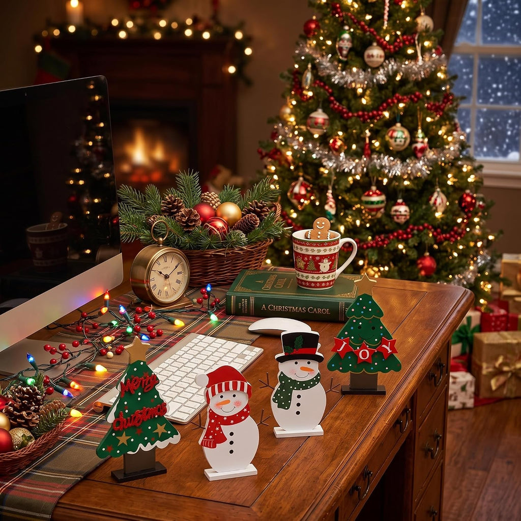 DECSPAS Christmas Decorations Indoor, 4 PCS Wood Christmas Trees & Snowmen for Centerpiece Table Decorations, Wooden Tiered Tray for Xmas Decor, Home, Winter, Tabletop, Mantel, Shelf, Gifts