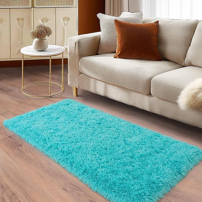Soft Runner Rugs for Bedroom Hallways, 2x4 Teal Blue Fluffy Shag Throw Area Rug - Image 3