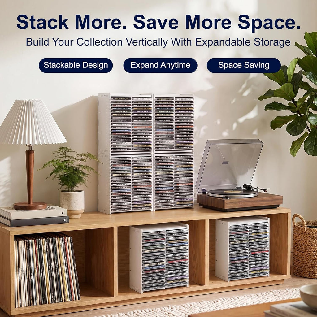 Stackable CD Storage Organizer, Holds 34 CD Cases, Great Gift Idea