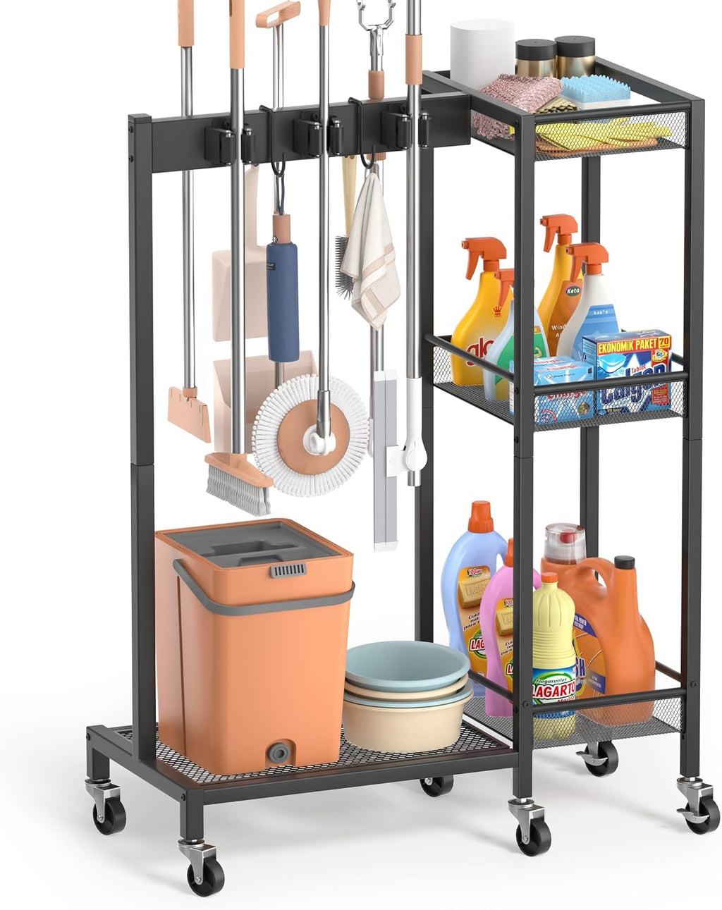 Broom Holder with Cleaning Supplies Organizer, Broom Closet Storage Cabinet with Cleaning Caddy, Cleaning Cart with Mop Hanger Gripper Rack Hooks,Janitorial Housekeeping cart,Laundry Room Organization