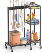 Broom Holder with Cleaning Supplies Organizer, Broom Closet Storage Cabinet with Cleaning Caddy, Cleaning Cart with Mop Hanger Gripper Rack Hooks,Janitorial Housekeeping cart,Laundry Room Organization