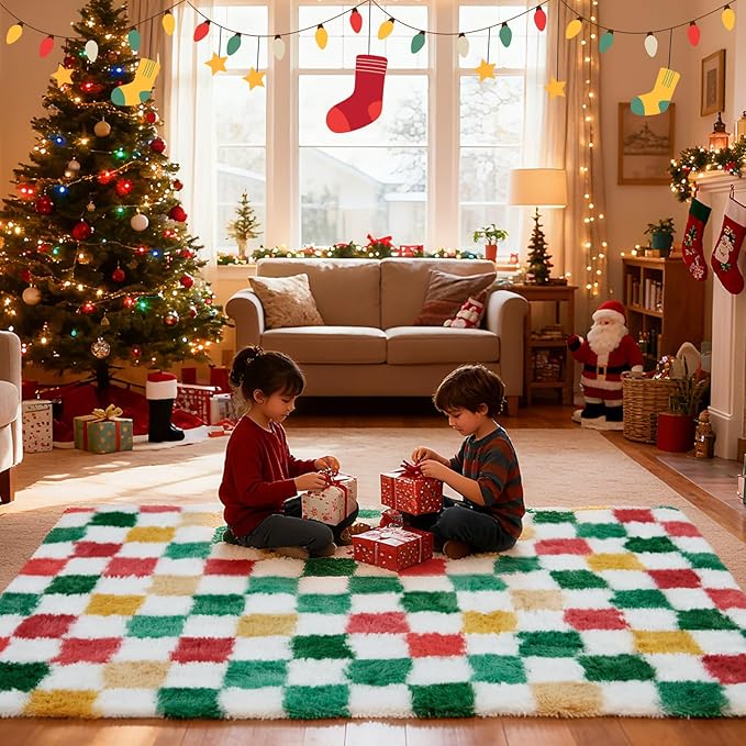 Checkered Area Rug 5x8 for Bedroom Living Room, Christmas Shag Rug Fuzzy Shaggy - Image 2