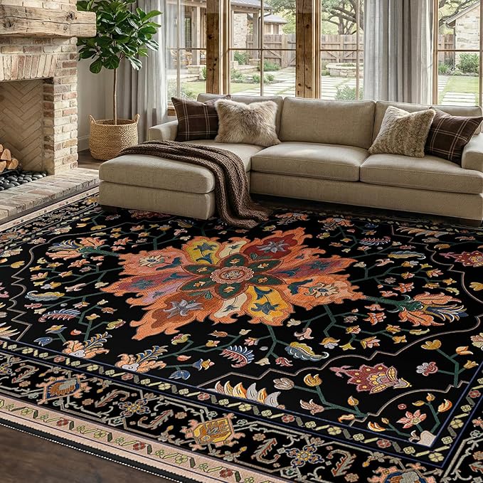 Area Rugs 7'x9' Washable Non-Slip, Floral Vintage Distress Print Pattern by RELEANY