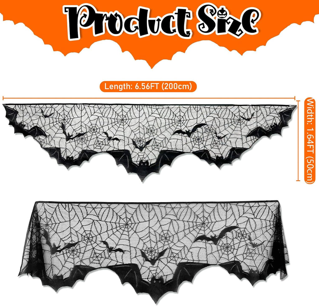 AerWo Halloween Decorations Indoor Fireplace Mantel Scarf, Black Lace Spiderweb Fireplace Cover for Halloween Mantle Decor Festive Party Supplies,20x79 inches
