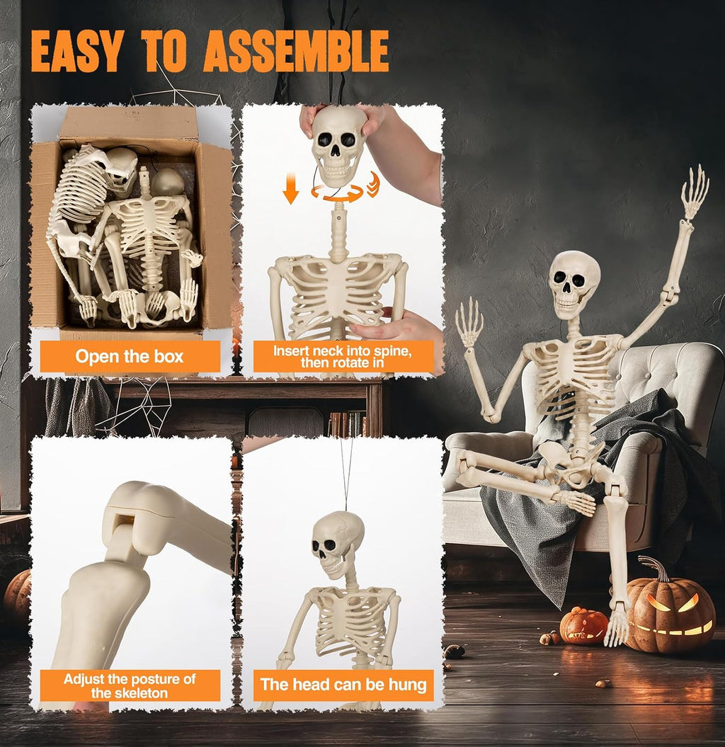 3PC 35.4" Halloween Skeleton with Dog, Posable Skeleton with Full Body Movable Joints for Halloween Decor, Well Made Hanging Plastic Skeleton for Indoor Outdoor Yard, Patio,Front Porch