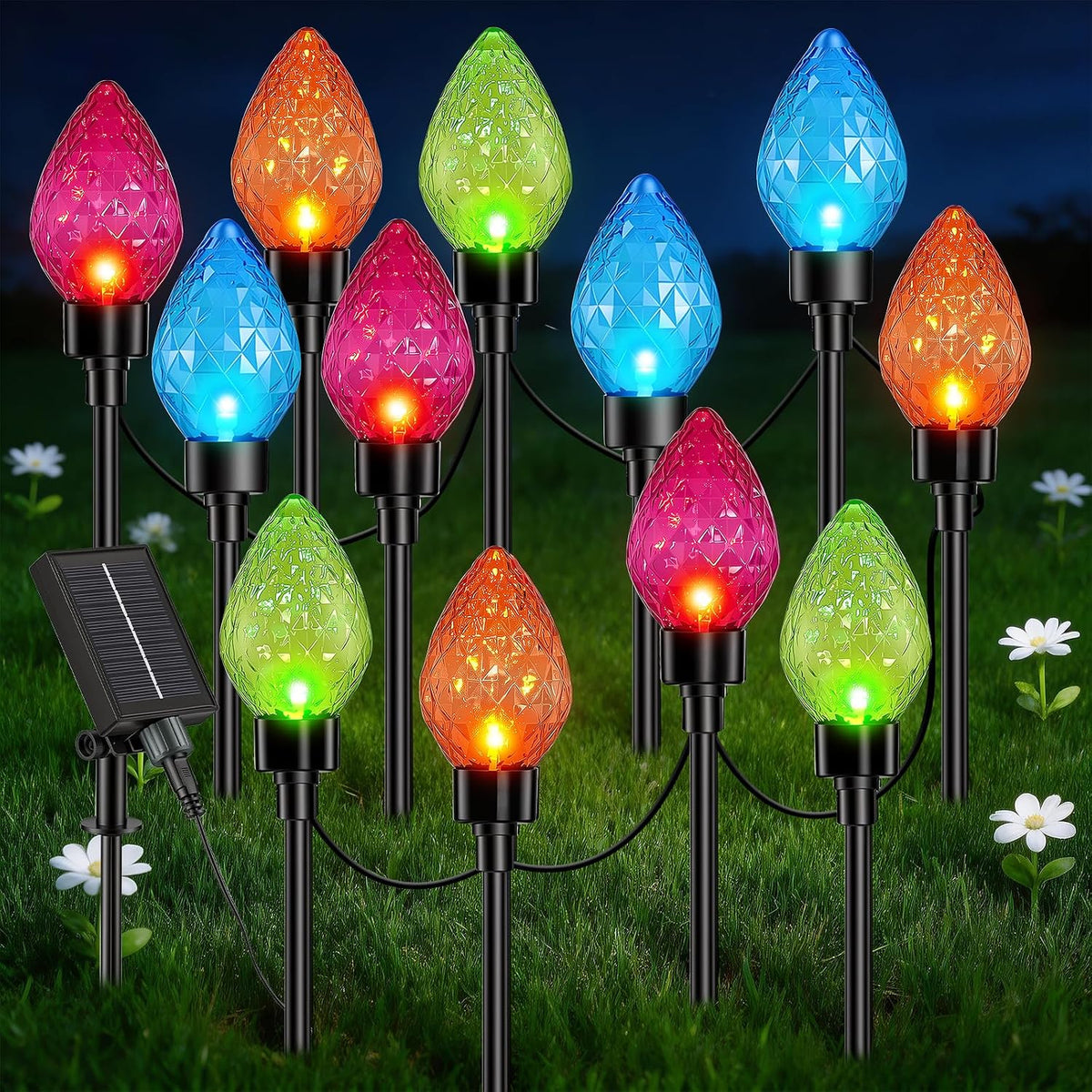Solar Christmas Pathway Lights with 12 Multicolor Strawberry Shaped Bulbs