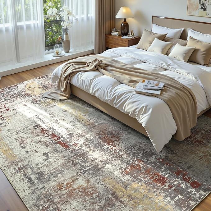 Living Room Rug 7x10 Beige Area Rugs Machine Washable Abstract Boho Large Rug - Image 2