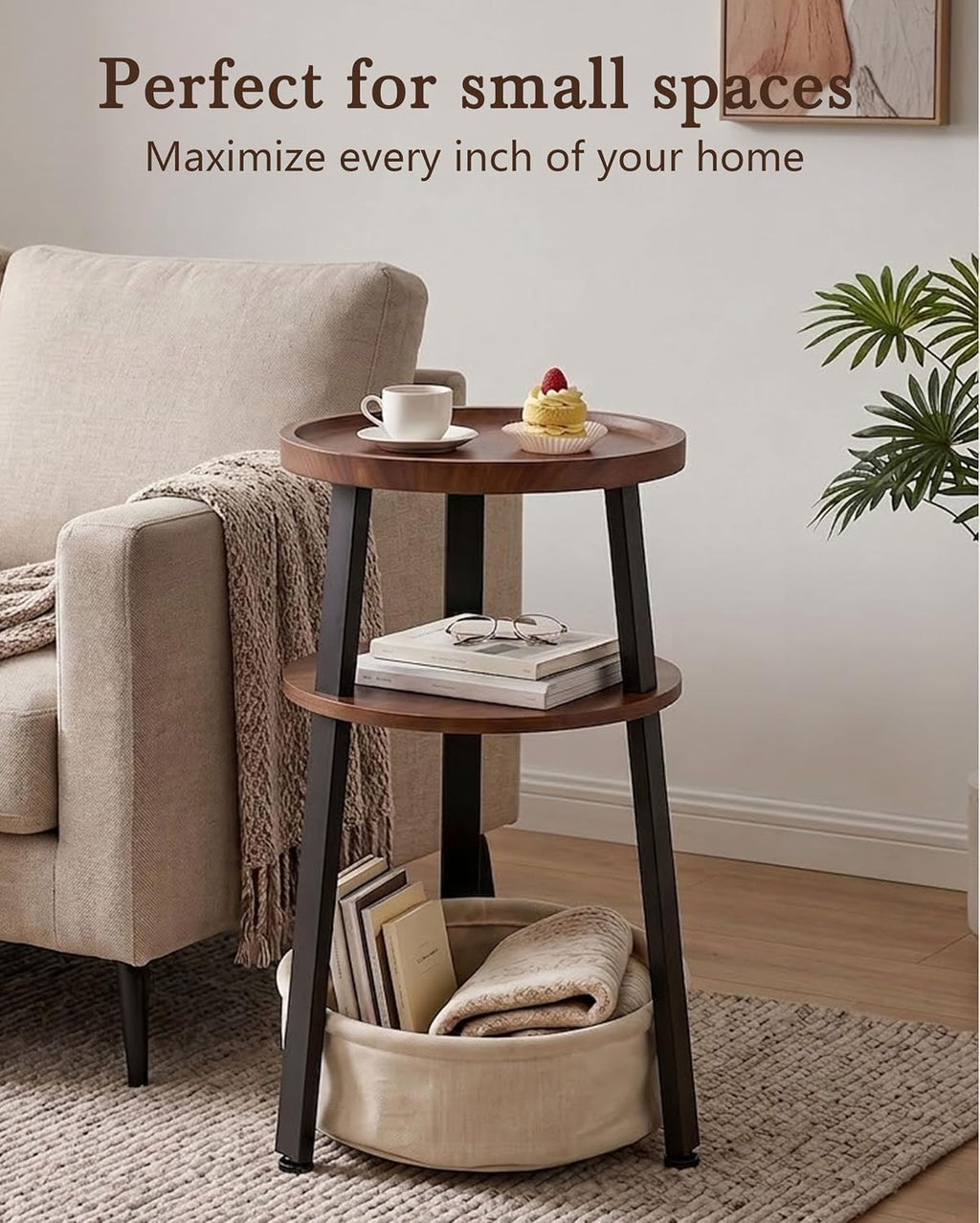 Small Round Side Table, 3-Tier End Table with Storage Basket