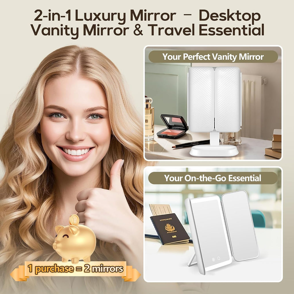 GOMIPURU Vanity Mirror with Lights, Lighted Makeup Mirror with 30X/10X/5X Magnification, Rechargeable Trifold Mirror with 3 Color&Adjustable Brightness, Travel Makeup Mirror with Lights for Desk,Gifts
