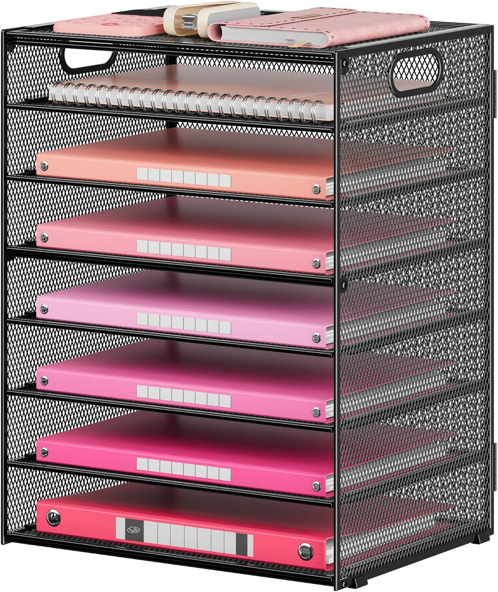 8 Tier Paper Organizer for Desk, Black Mesh Letter Tray File Sorter Organizers with Handles, Including 5 Adjustable Slid Trays for Office School Classroom Supplies Organization and Storage