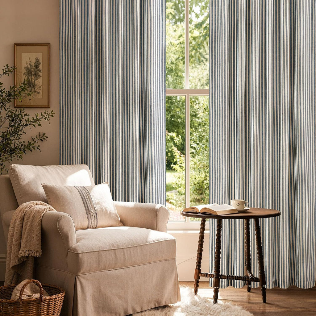 jinchan Linen Blackout Curtains Back Tab 84 Inch 2 Panels Striped Blue