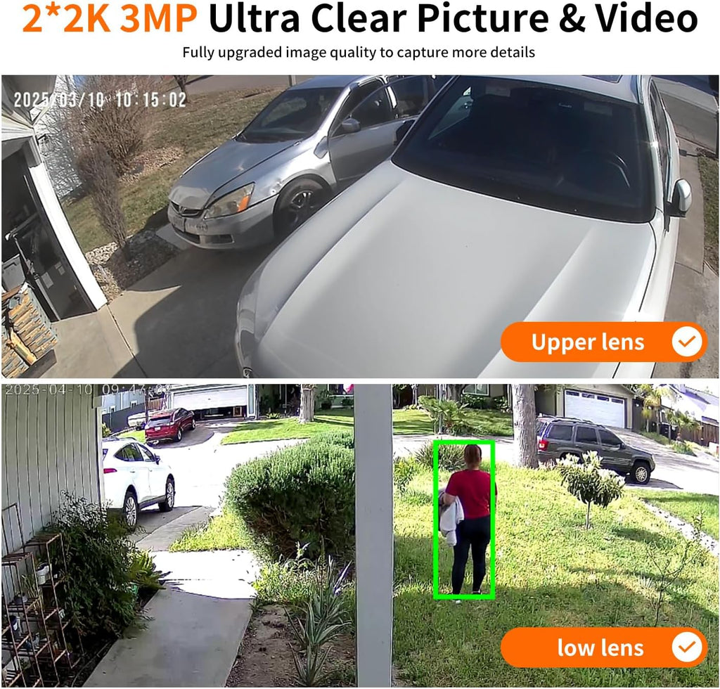 LETSCEE Dual Lens Security Cameras Wireless Outdoor，Solar Cameras for Home Security，Motion Detection,Night Vision,No Month Fee,IP65 Water Proof
