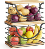 ALOCEO Large Wire Basket for Kitchen Pantry, Stainless Steel Kitchen Counter Organizer for Potato Onion, Trash Bag Dispenser Under Sink with Bamboo Top, Black