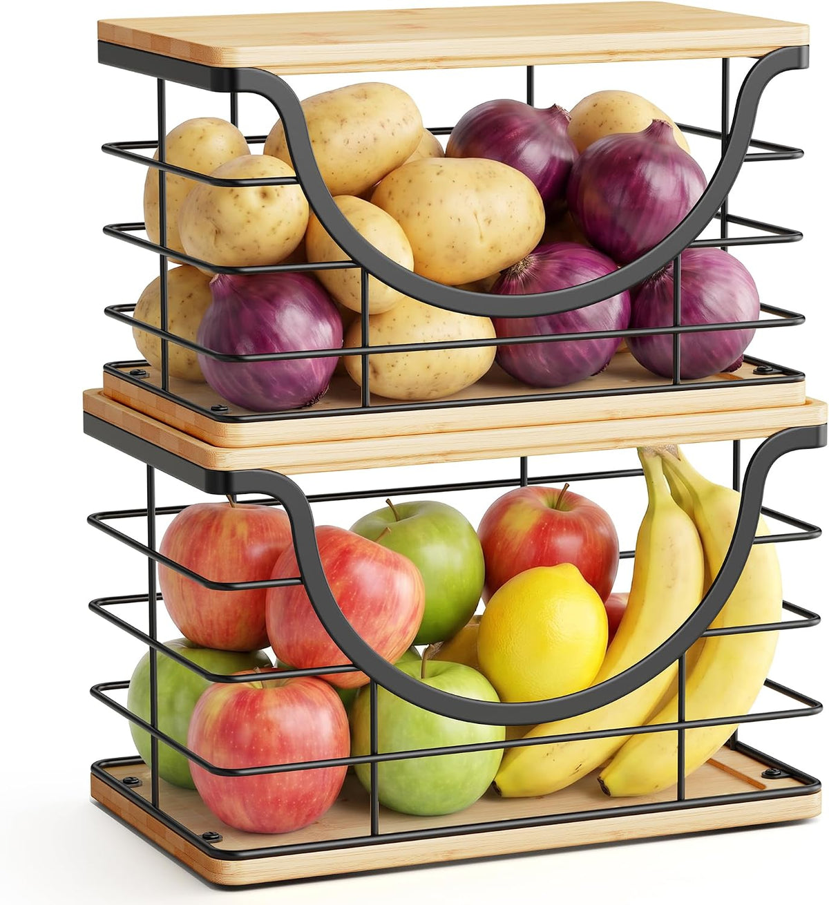 ALOCEO Large Wire Basket for Kitchen Pantry, Stainless Steel Kitchen Counter Organizer for Potato Onion, Trash Bag Dispenser Under Sink with Bamboo Top, Black