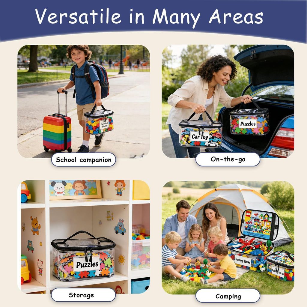 6 Pack Large Clear Toy Storage Bag with Name Tag, Waterproof PVC Toy Organizer Bags with Zipper & Manual Pocket, Toy Storage Organizer for Lego Bricks, Building Blocks, Board Games, Puzzles, Kid Books