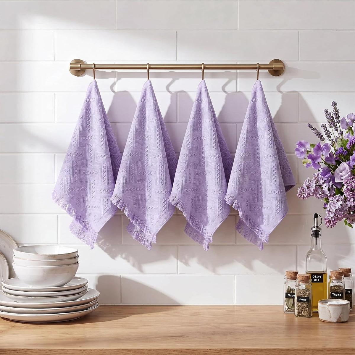 4 Pack Boho Hand Towel for Bathroom Kitchen, Light Purple