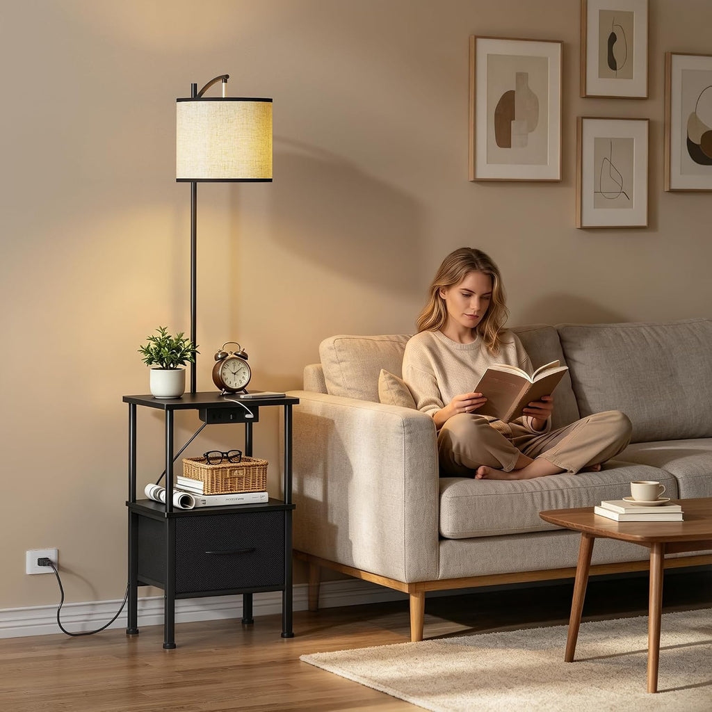 Floor Lamp with Table Set of 2, Charging Station, Black, 15" W