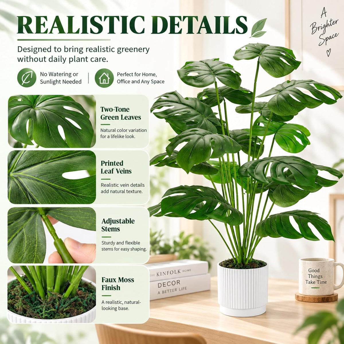 Der Rose 28" Fake Plants, Artificial Monstera Plants Indoor in White Pot
