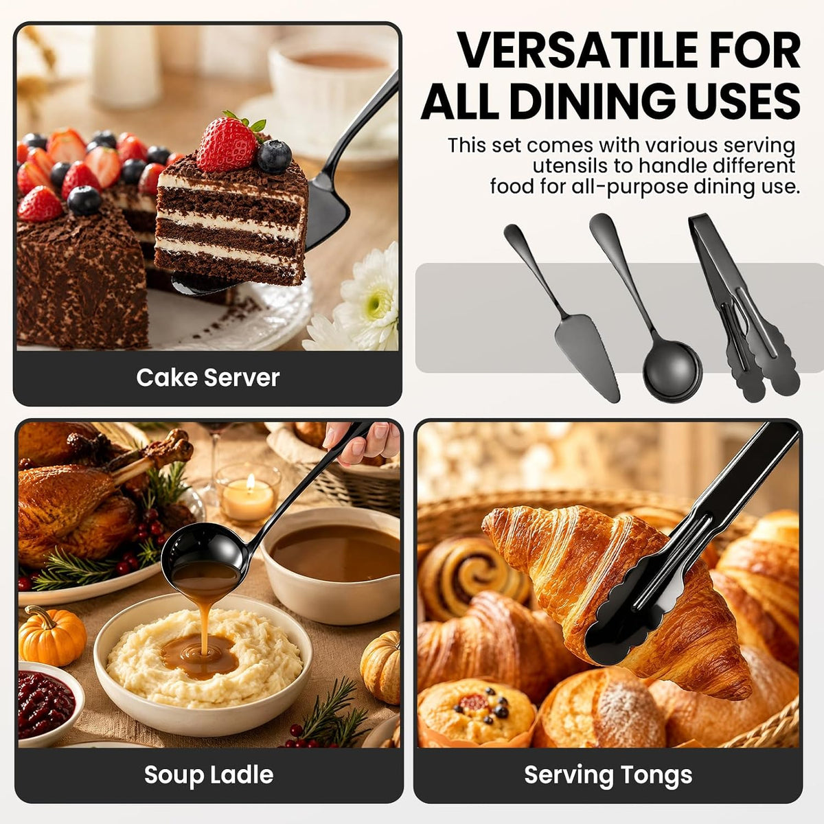 12-Piece Black Serving Utensils Set, Serving Spoons for Buffet