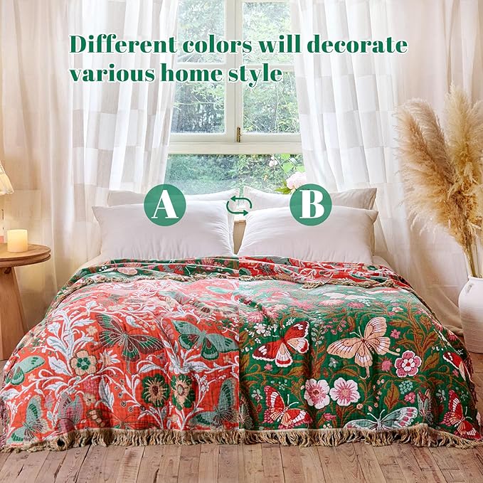 MSGKV Boho Throw Blanket for Couch 50"x60" Butterfly Floral 100% Cotton Blanket - Image 4