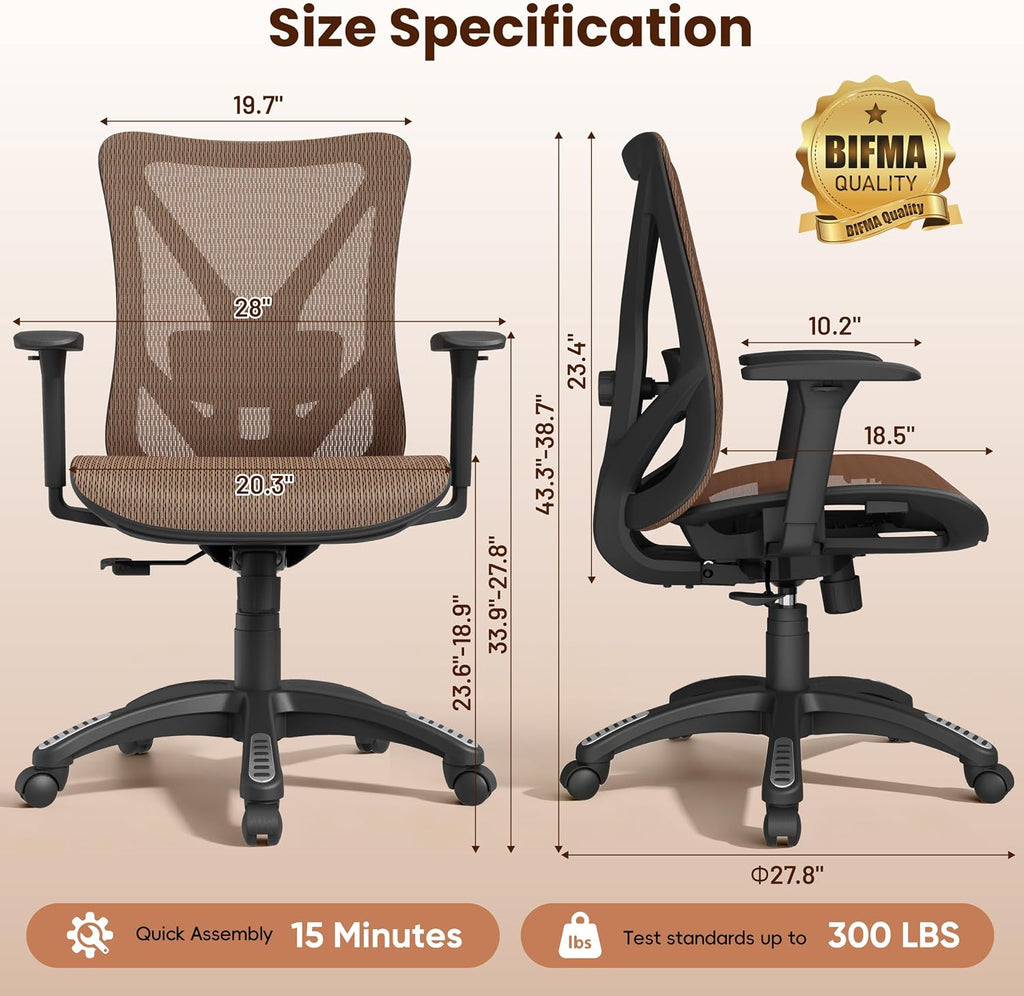 Ergonomic Office Chair, Mesh Computer Desk Chairs with BIFMA X5.1 Certified, Adjustable Lumbar Support, 3D Arm, Tilt Back, Wide Seat, Comfy Swivel Work Task Chair for Company and Home (Sunset Orange)