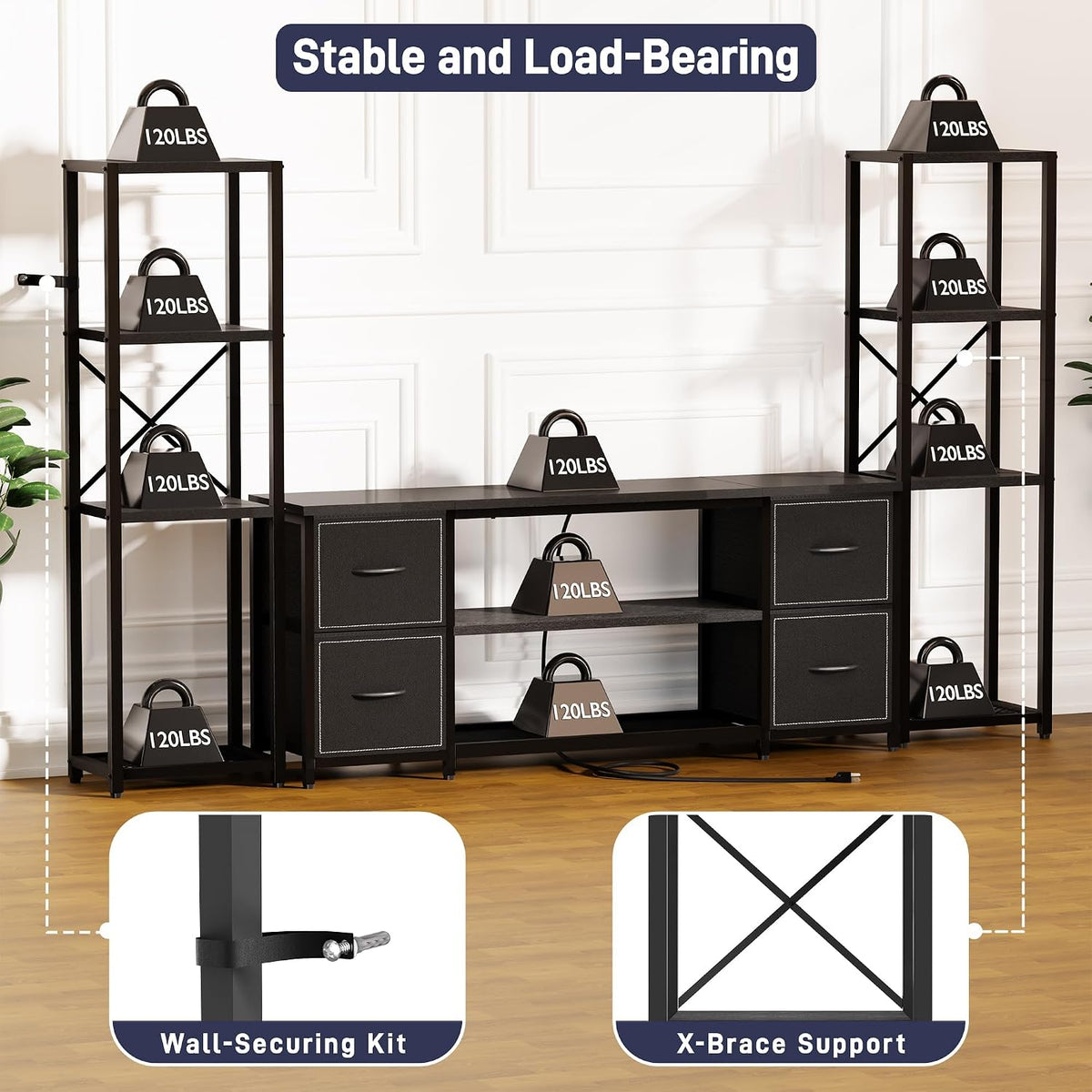 LED TV Stand Entertainment Center Bookshelf Combo with Charging Station