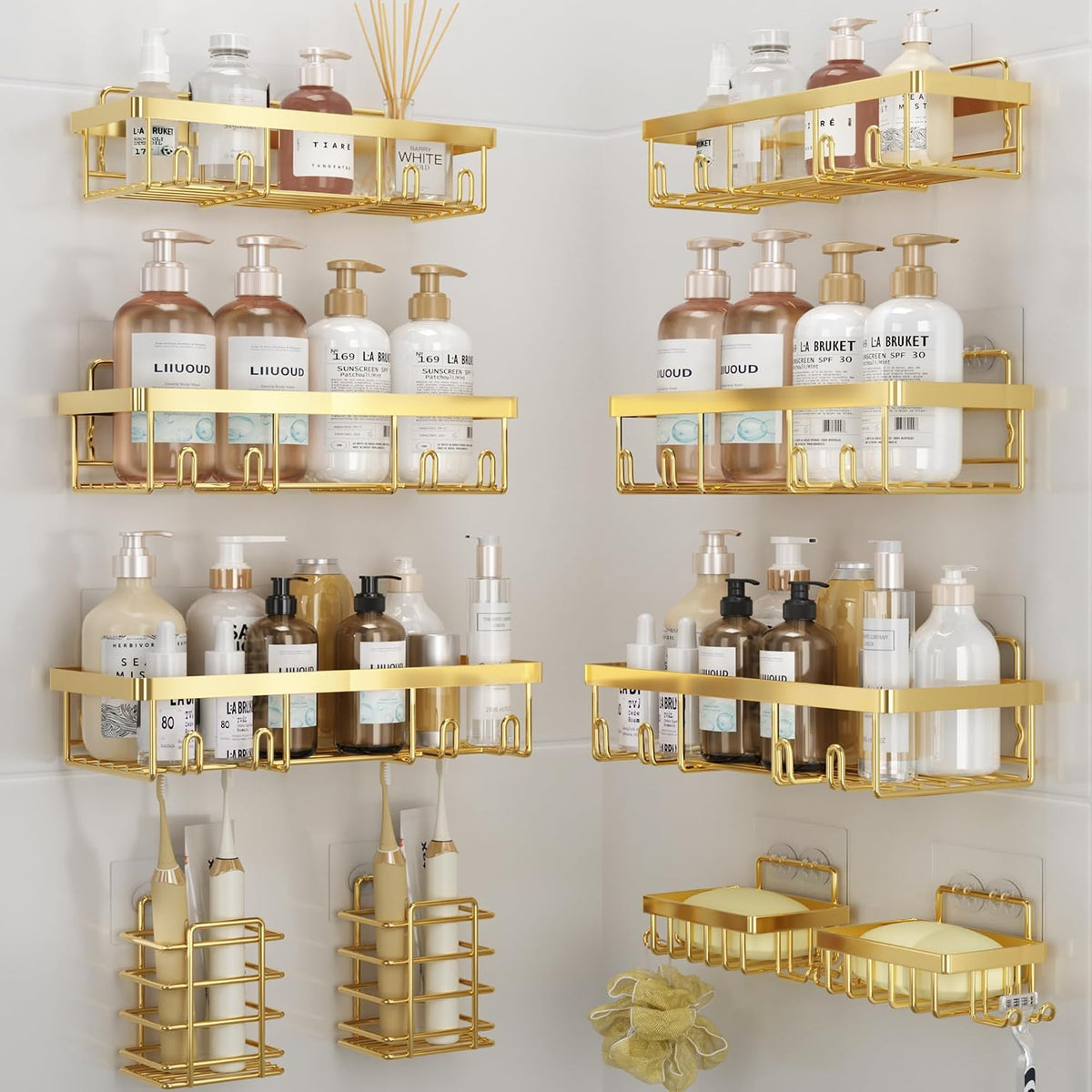 Liuoud 10 Pack Shower Caddy for Inside shower, Brite Gold Bathroom Storage