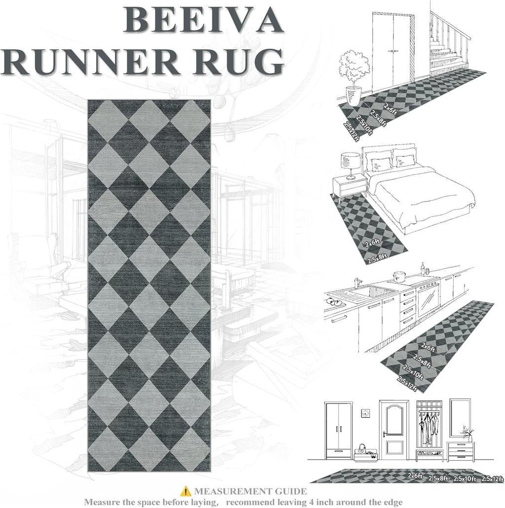 Beeiva Checkered Print Hallway Rug 2x6, Ultra Thin Kitchen Rug Runner Non Slip Washable Carpet Runners for Hallway 6ft, Modern Diamond Stain Resistant Floor Carpet for Bathroom Bedroom Entryway