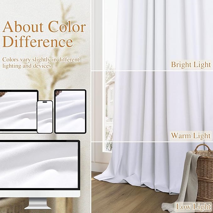 Guken White 100% Blackout Linen Curtains 54 Inch Length 2 Panels Set - Image 7