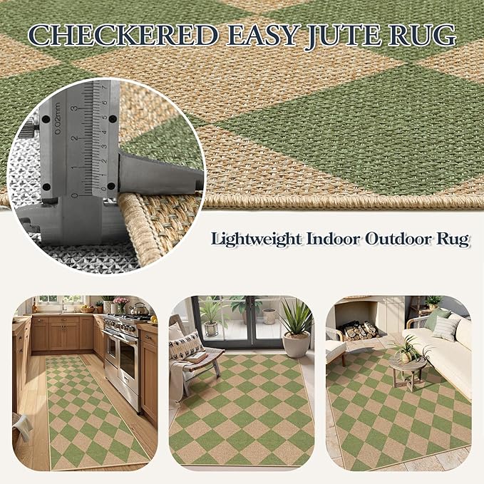 Lahome Colette Green Checkered Easy Jute Rug, 3x5 Washable Outdoor Rug Neutral - Image 5