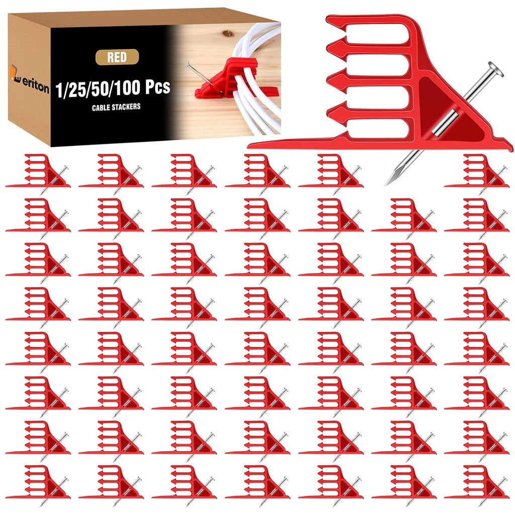 50 Pcs Cable Stacker Wire Staples, Plastic Clips with Nail, Red