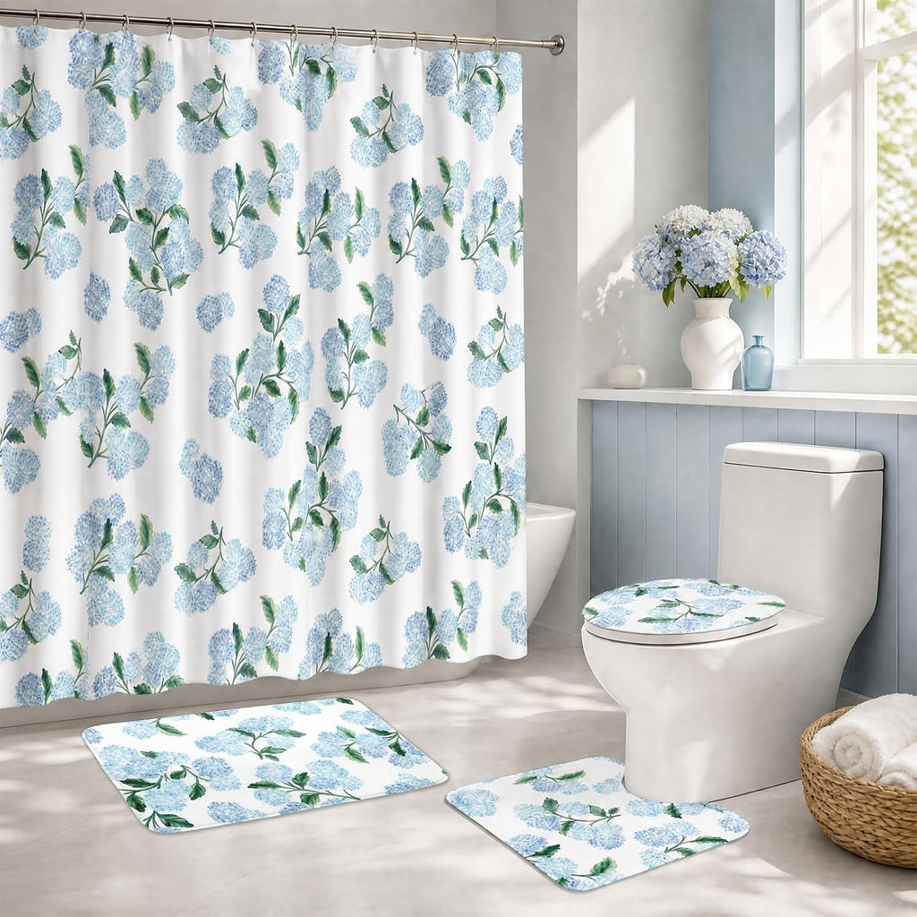 FYSUIMU 4Pcs Blue Hydrangea Bathroom Set Spring Floral Non-Slip Bath Mat U-Shaped Toilet Rug Toilet Lid Cover Shower Curtain with Hooks for Home Hotel Accessories Decoration