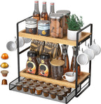 2-Tier Coffee Bar Organizer With Basket,Wooden Counter Shelf for Coffee Bar Accessories,Kitchen Spice Rack Organizer for Countertop-Brown