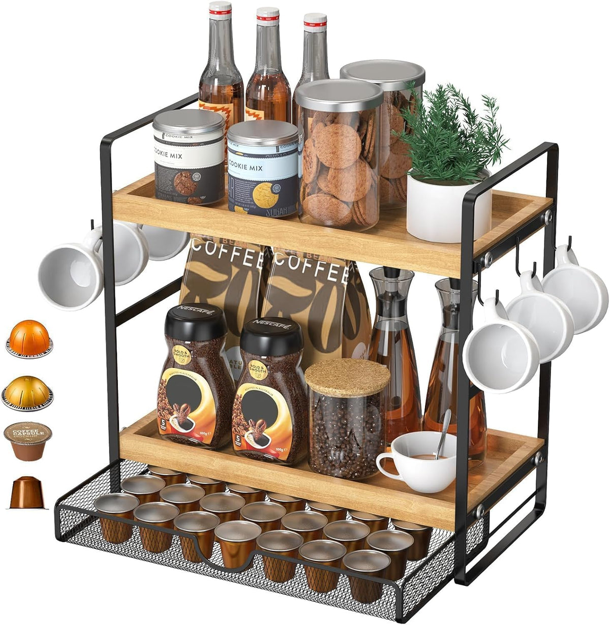 2-Tier Coffee Bar Organizer With Basket,Wooden Counter Shelf for Coffee Bar Accessories,Kitchen Spice Rack Organizer for Countertop-Brown