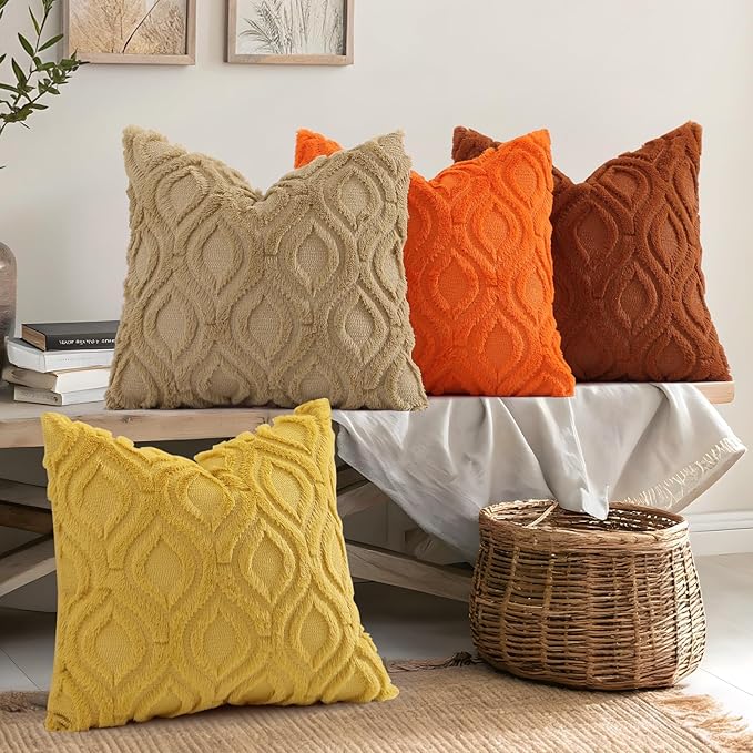 decorUhome Throw Pillow Covers 16x16 Inch Set of 2, Soft Plush Faux Wool Rust - Image 4