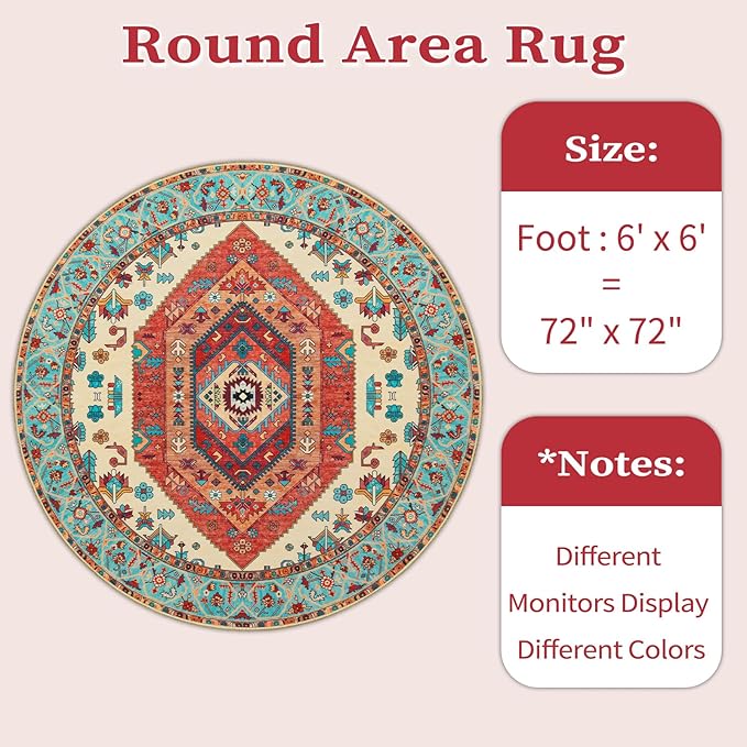 SERISSA Boho Round Area Rug, 6ft Washable Non-Slip Circle Rug, Ultra Soft - Image 6