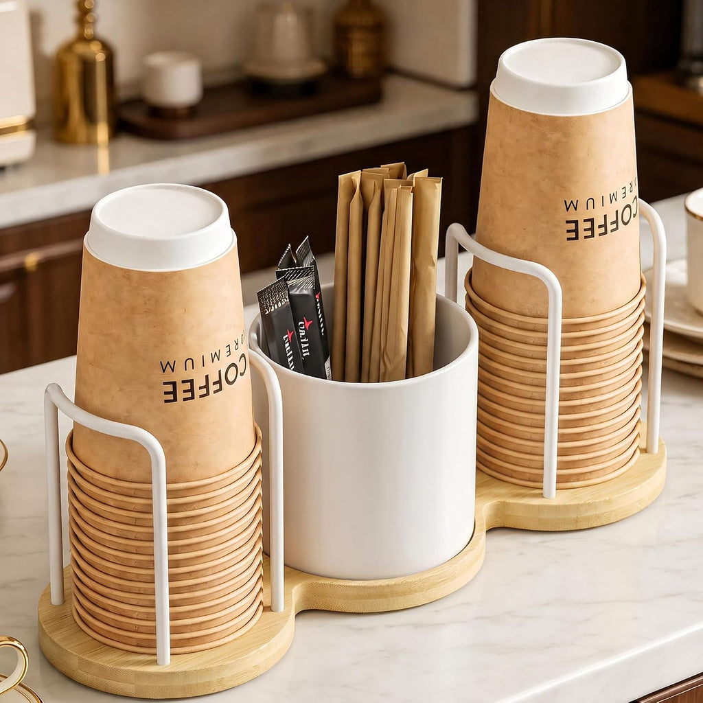 Coffee Station Organizer with Straw & Stirrer Storage Caddy for Cups Lids - Cup Mouth Dia 3.9", Disposable Paper Cup Holder Coffee and Tea Station Organizer for Coffee Bar, Office, Home Kitchen, White