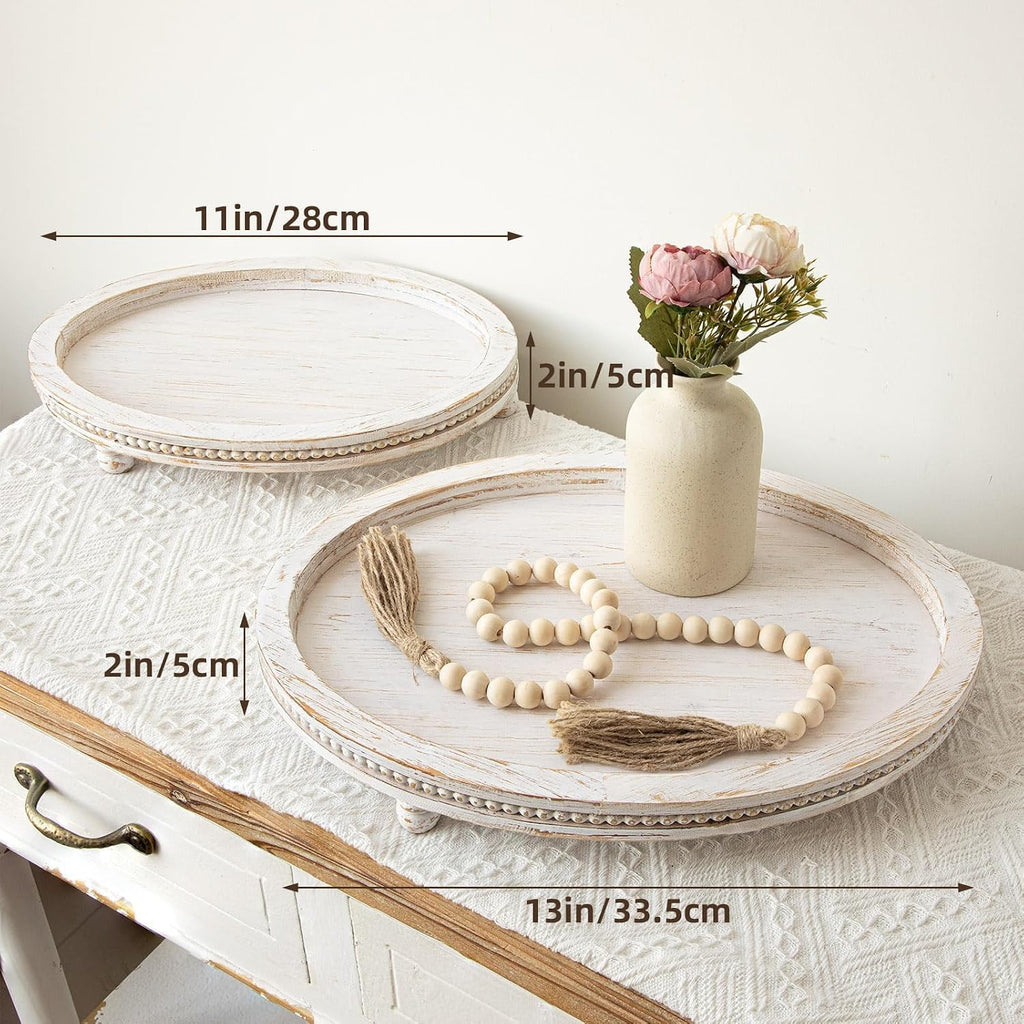 2 Piece Whitewashed Wooden Serving Tray Set with Beaded Design, Farmhouse Centerpiece Table Decorations, Round Coffee Table Tray for Living Room Home Decor, Ottoman Tray Decor for Rustic Styles