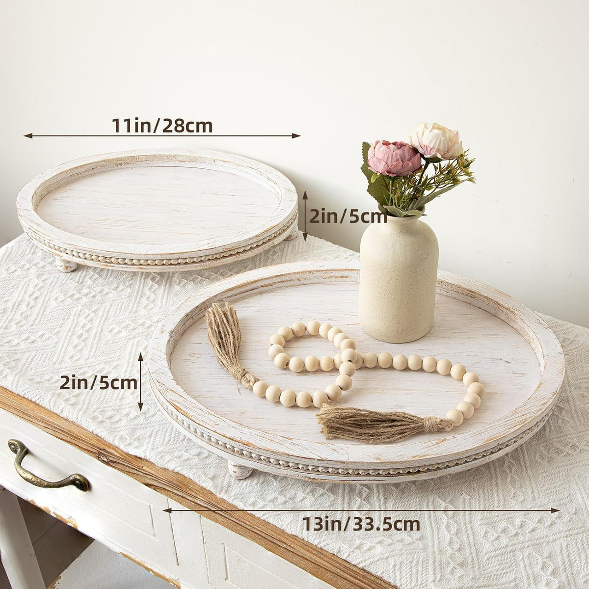 2 Piece Whitewashed Wooden Serving Tray Set with Beaded Design, Farmhouse Centerpiece Table Decorations, Round Coffee Table Tray for Living Room Home Decor, Ottoman Tray Decor for Rustic Styles
