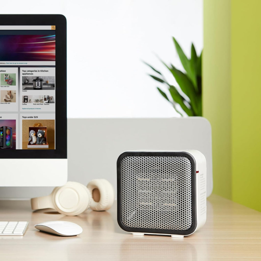 Amazon Basics Ceramic Space Heater, Portable Mini Heater for Office Desk, Fast Heating, Efficient, Indoor Use, 500W, With Tip-Over Protection, Lightweight 1.4 lbs,