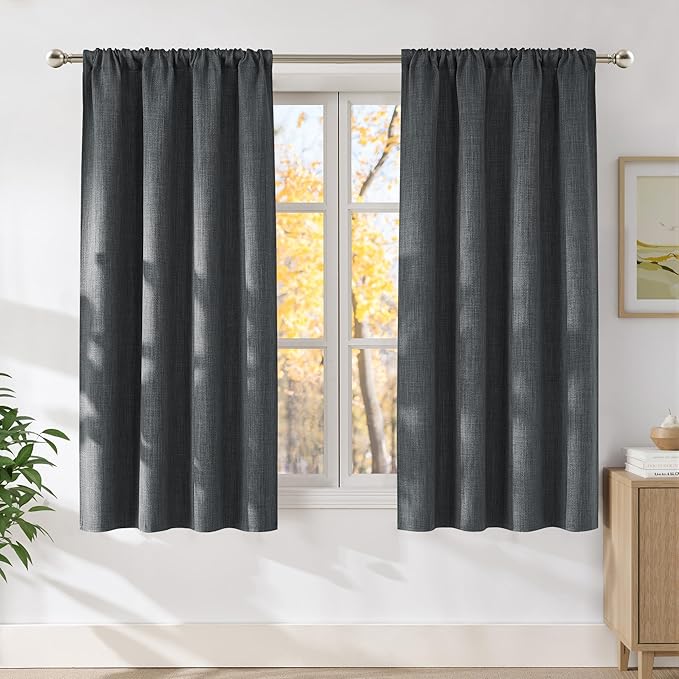 NICETOWN Charcoal Gray Faux Linen Room Darkening Rod Pocket Curtains 63 inch by NICETOWN